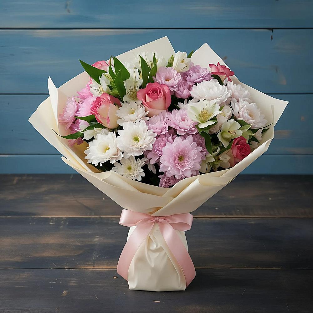 Букет цветов из: Хризантемы, Альстромерии и Розы в Твери